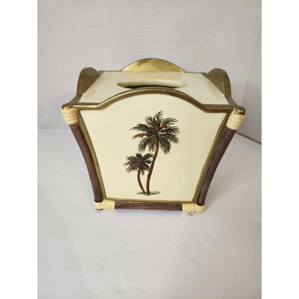 Wamsutta Palm Tree Tissue Box Cover Holder Ivory Gold Green Tropical
